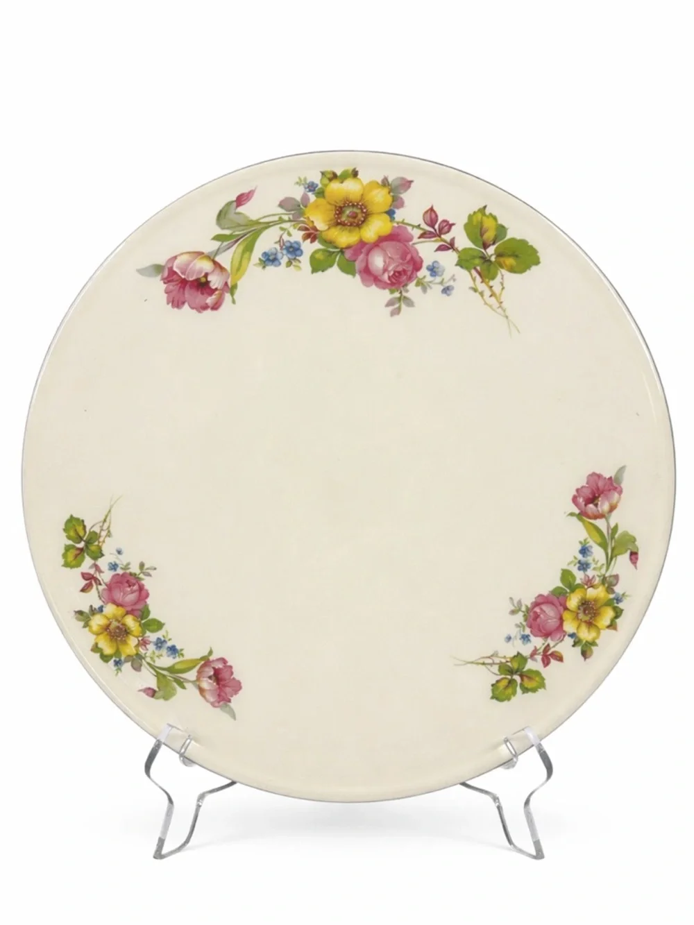 Vintage Floral Porcelain Ceramic Cake Serving Plate Raised Stand & Platinum Trim
